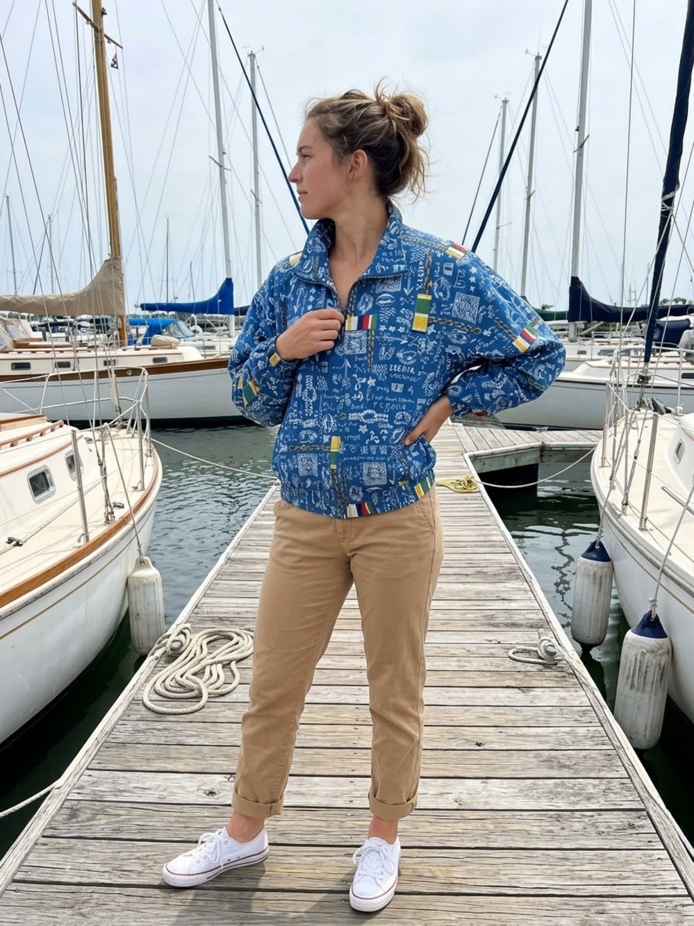 Vintage Lizsport Nautical Print Windbreaker Jacket Blue Yacht Club Size L